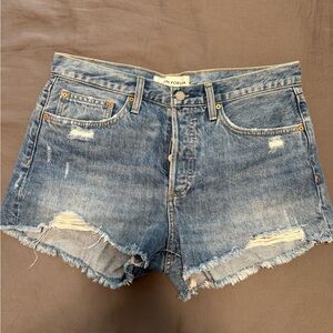 Denim Forum Distressed Frayed Hem Jean Shorts - Blue